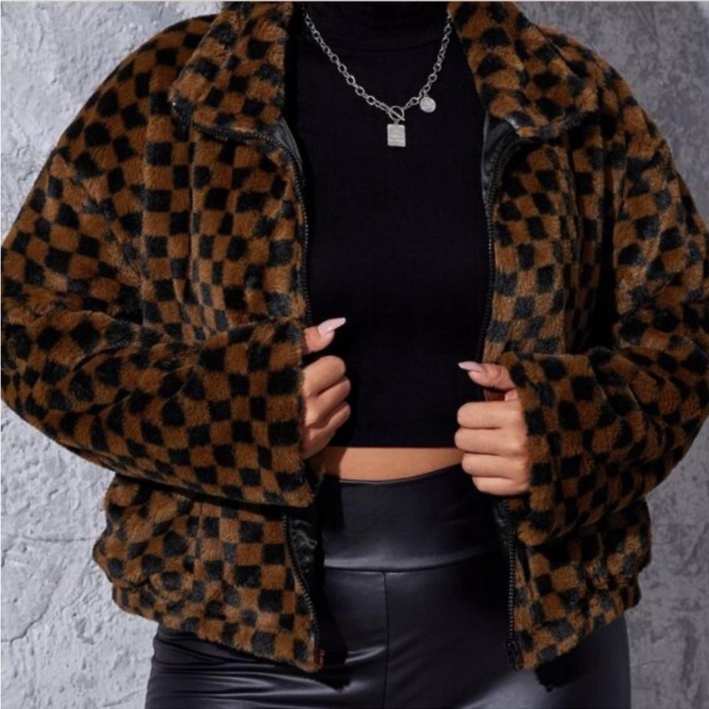 SHEIN Brown & Black Checker Teddy Coat